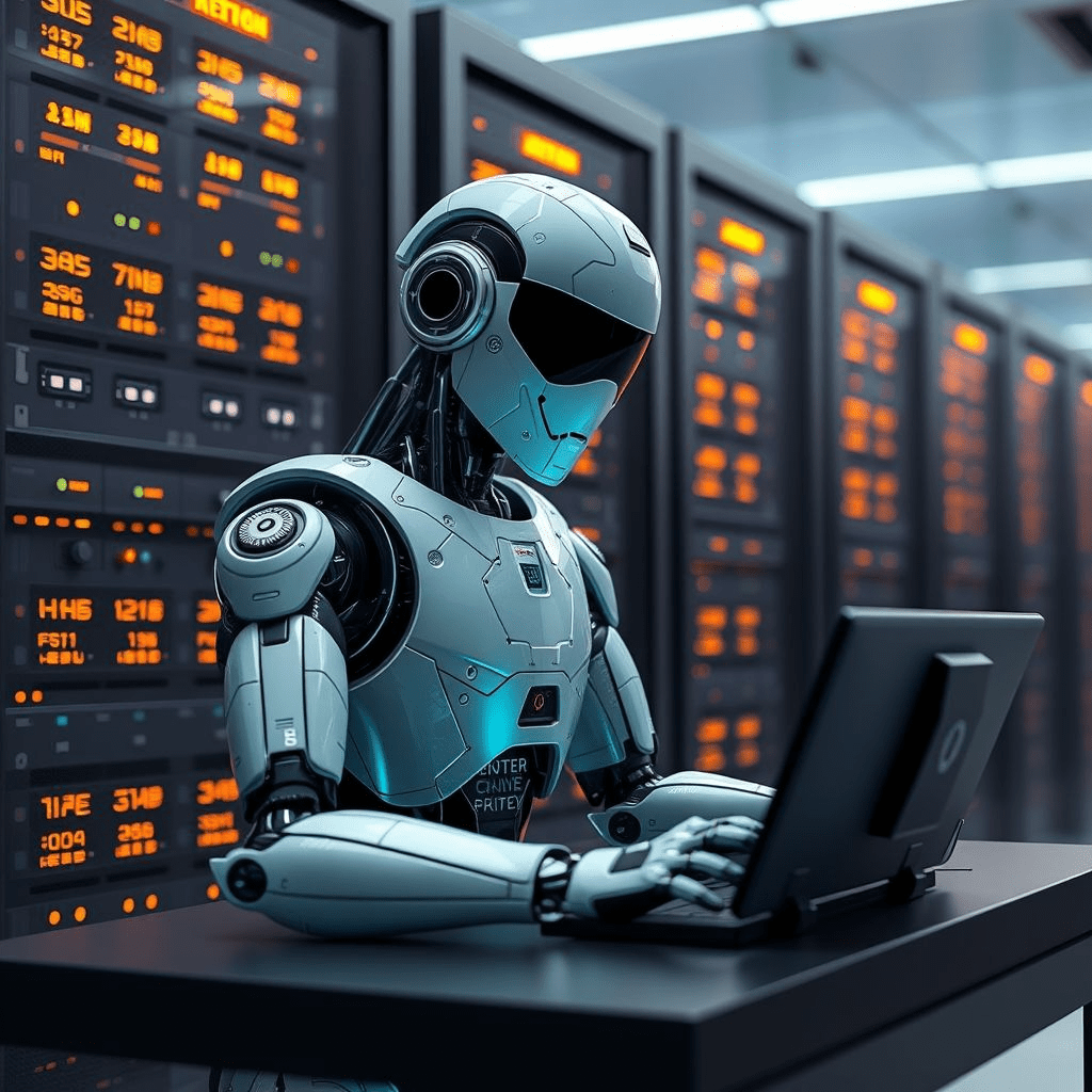 xAI Grok AI robot at advanced data center terminal