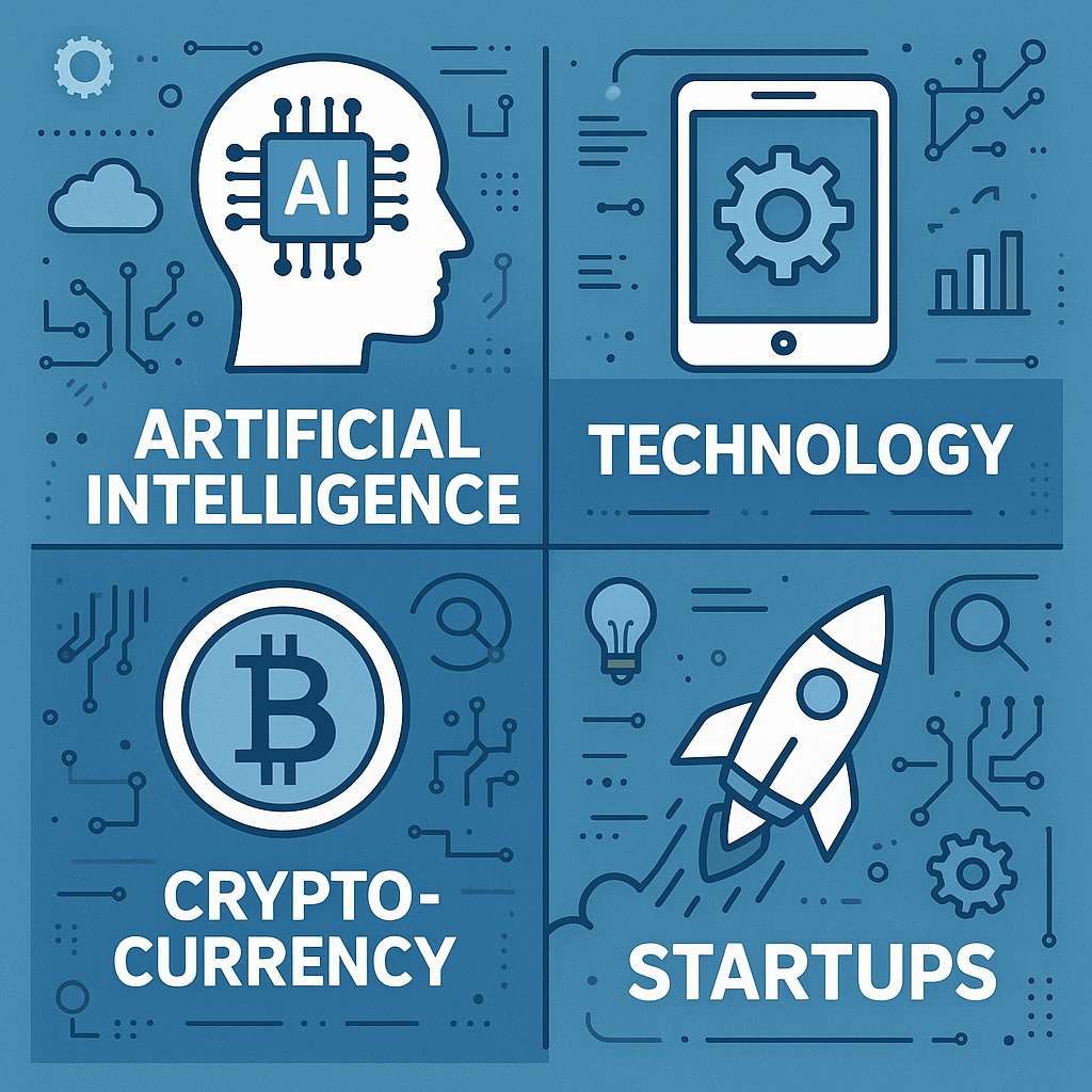 A 2D digital illustration divided into four panels, representing Artificial Intelligence, Technology, Cryptocurrency, and Startups, with themed icons including a microchip, tablet, Bitcoin symbol, and rocket.