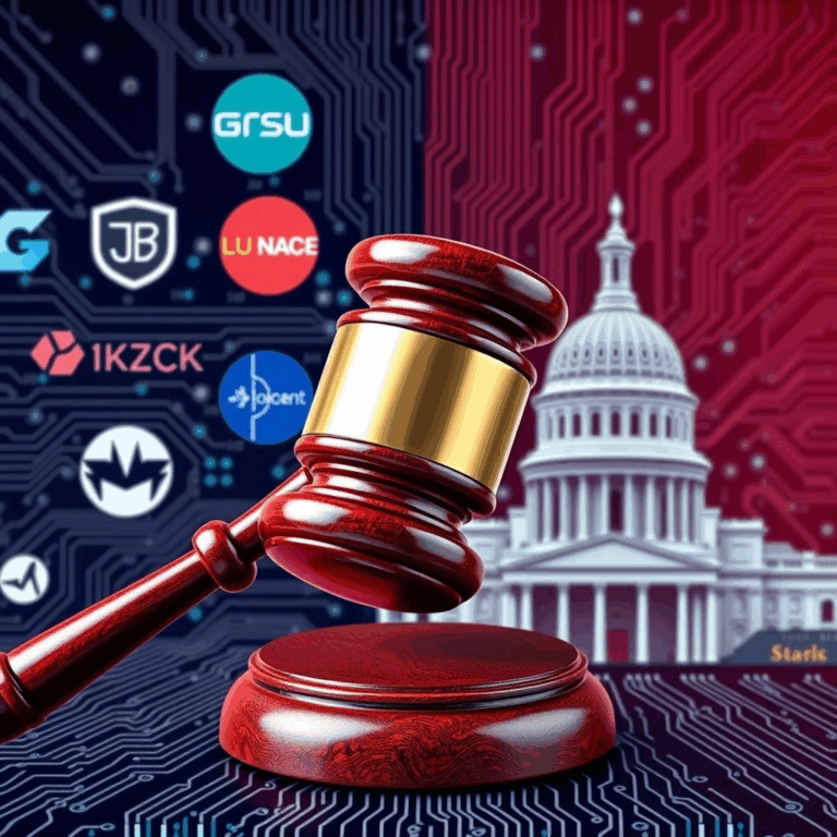 Gavel with circuit background over state and corporate logos, representing AI moratorium.