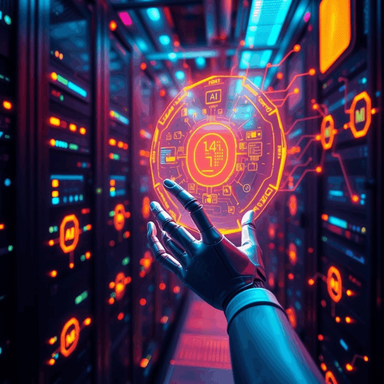 A futuristic AI chip powering a high-tech data center.