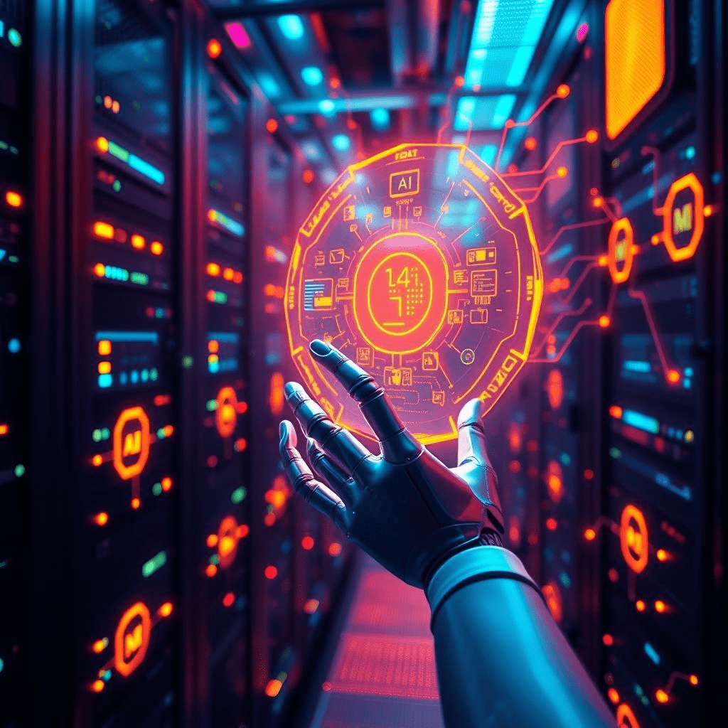 A futuristic AI chip powering a high-tech data center.