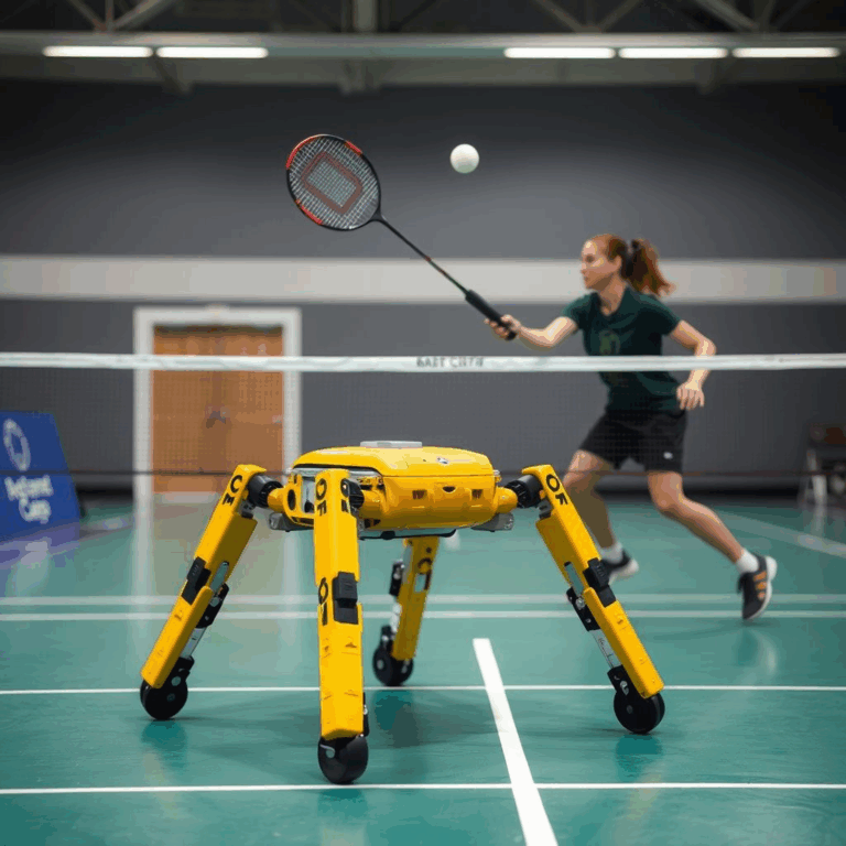 AI badminton robot playing with athlete