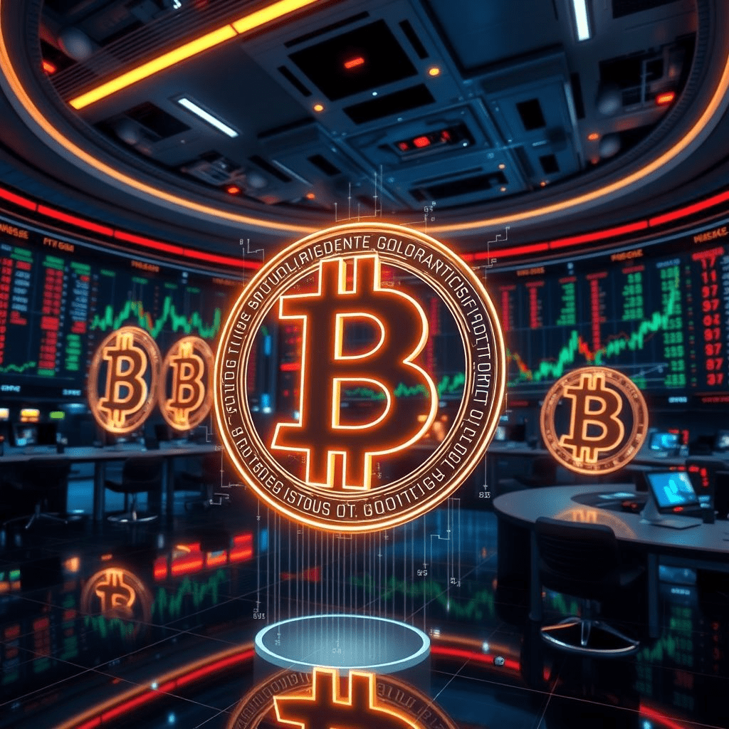 Bitcoin symbols displayed on a futuristic stock exchange.