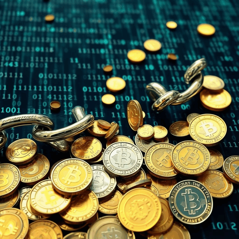 Broken chain of digital coins with binary code symbolizing crypto hack losses in H1 2025.