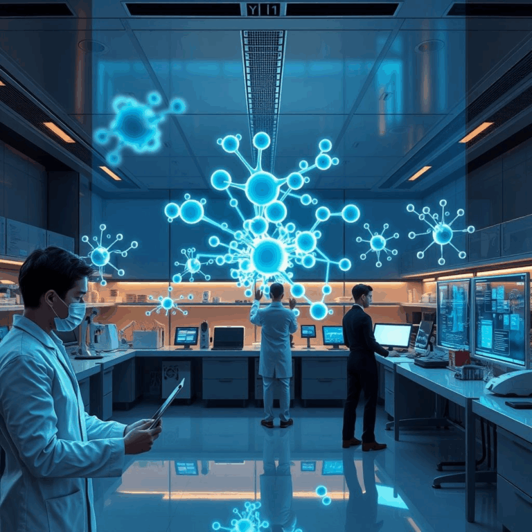 AI-powered molecular models in a futuristic lab.