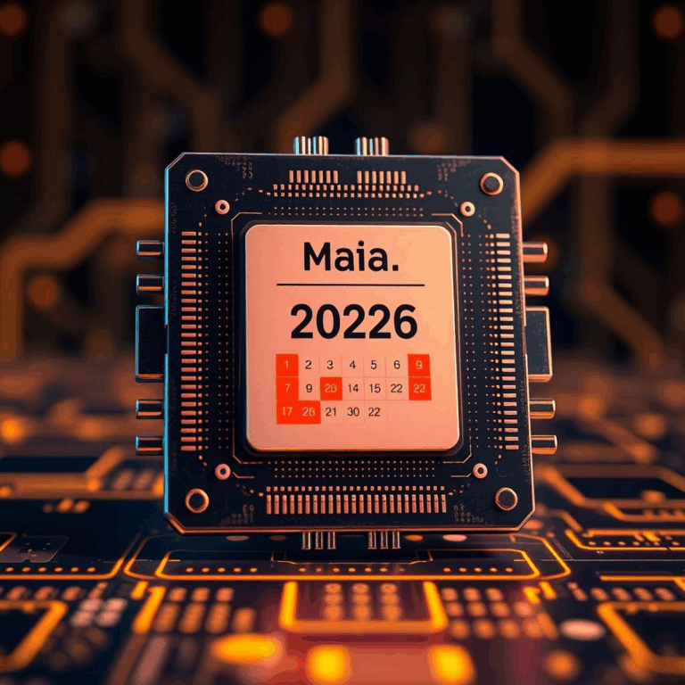 A futuristic Maia AI chip with a glowing 2026 timeline