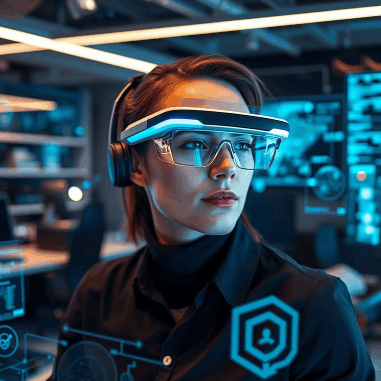 A person using AR glasses with holographic projections in an office.