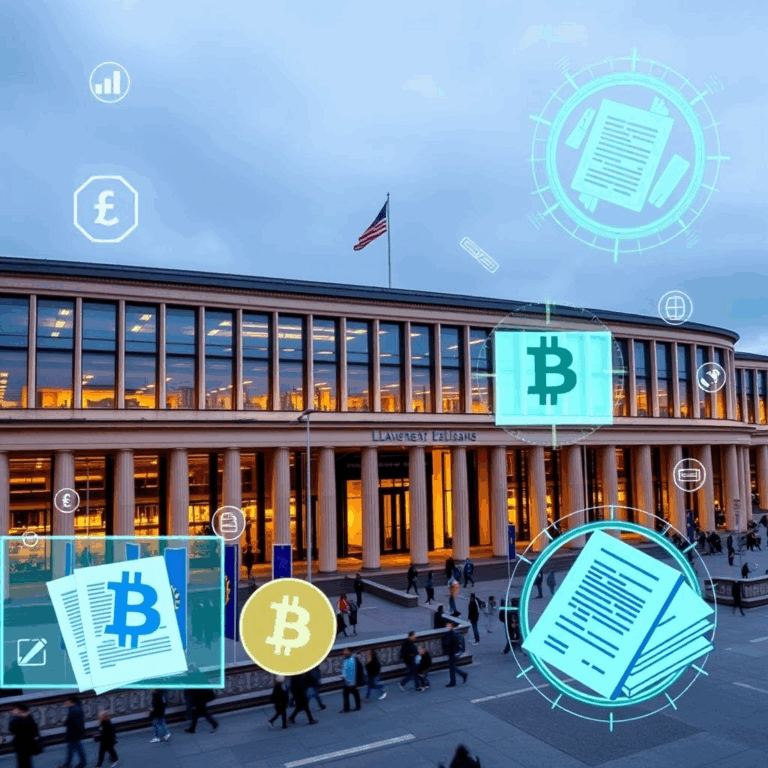 European parliament with cryptocurrency symbols overlay.