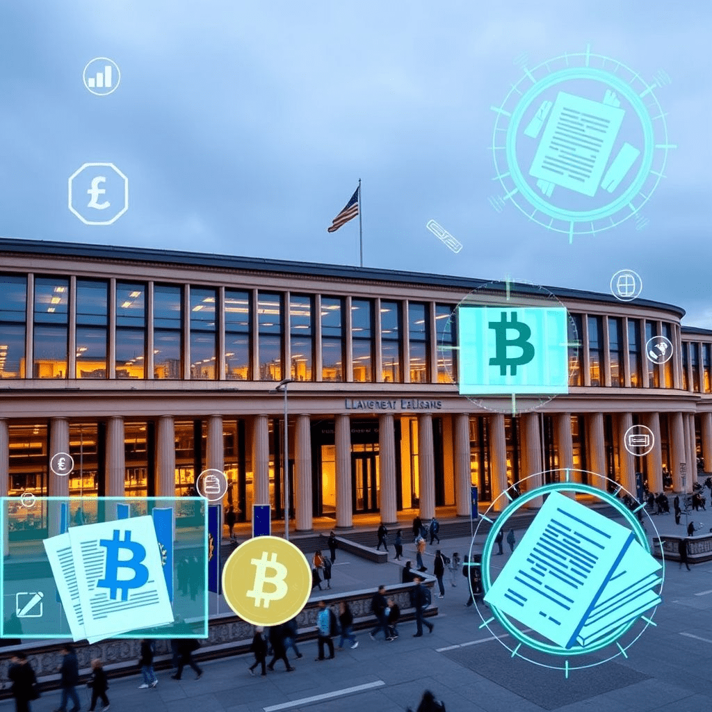 European parliament with cryptocurrency symbols overlay.