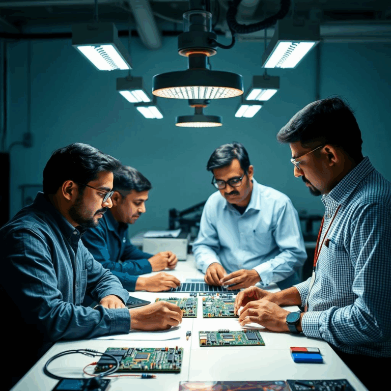 Mindgrove partnership engineers inspecting SoC board