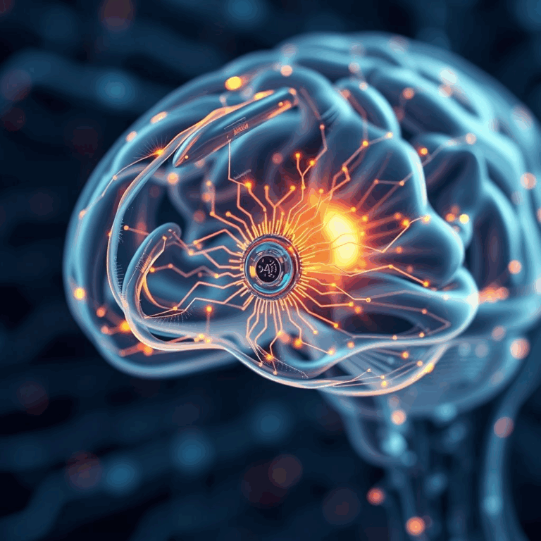 A NeuralSync AI Implant embedded in a transparent human brain.