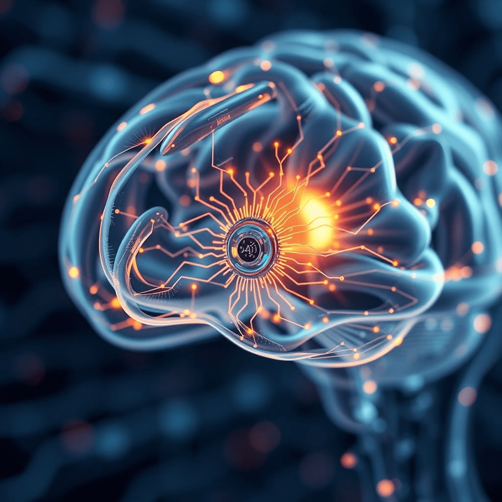 A NeuralSync AI Implant embedded in a transparent human brain.