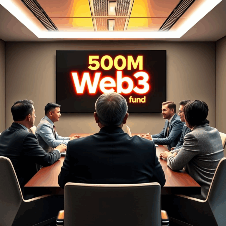 50T executives planning investments with $500M Web3 fund logo on screen.