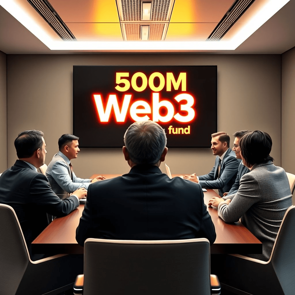 50T executives planning investments with $500M Web3 fund logo on screen.