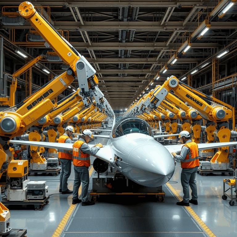 Defense tech startup factory with robotic arms and engineers working together.