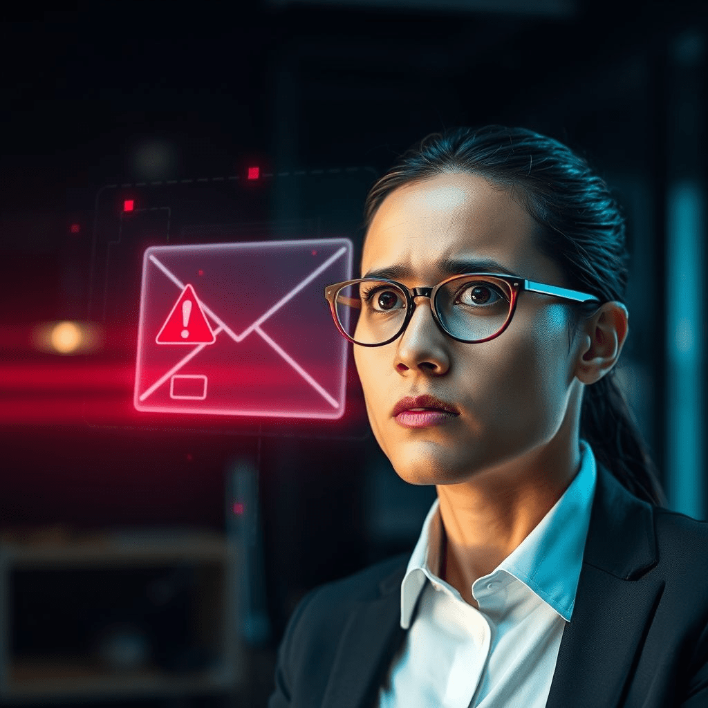 Office worker concerned about holographic email showing Google Gemini AI flaw and phishing risk