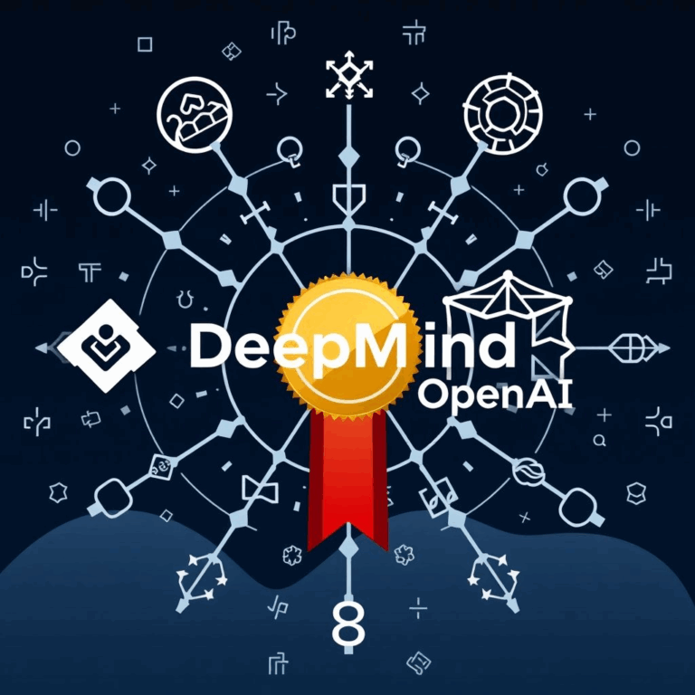 AI gold medal IMO graphic with logos and math symbols