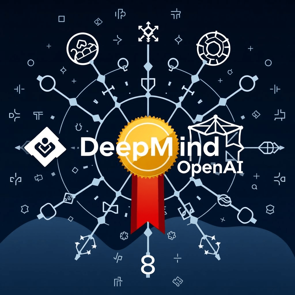 AI gold medal IMO graphic with logos and math symbols