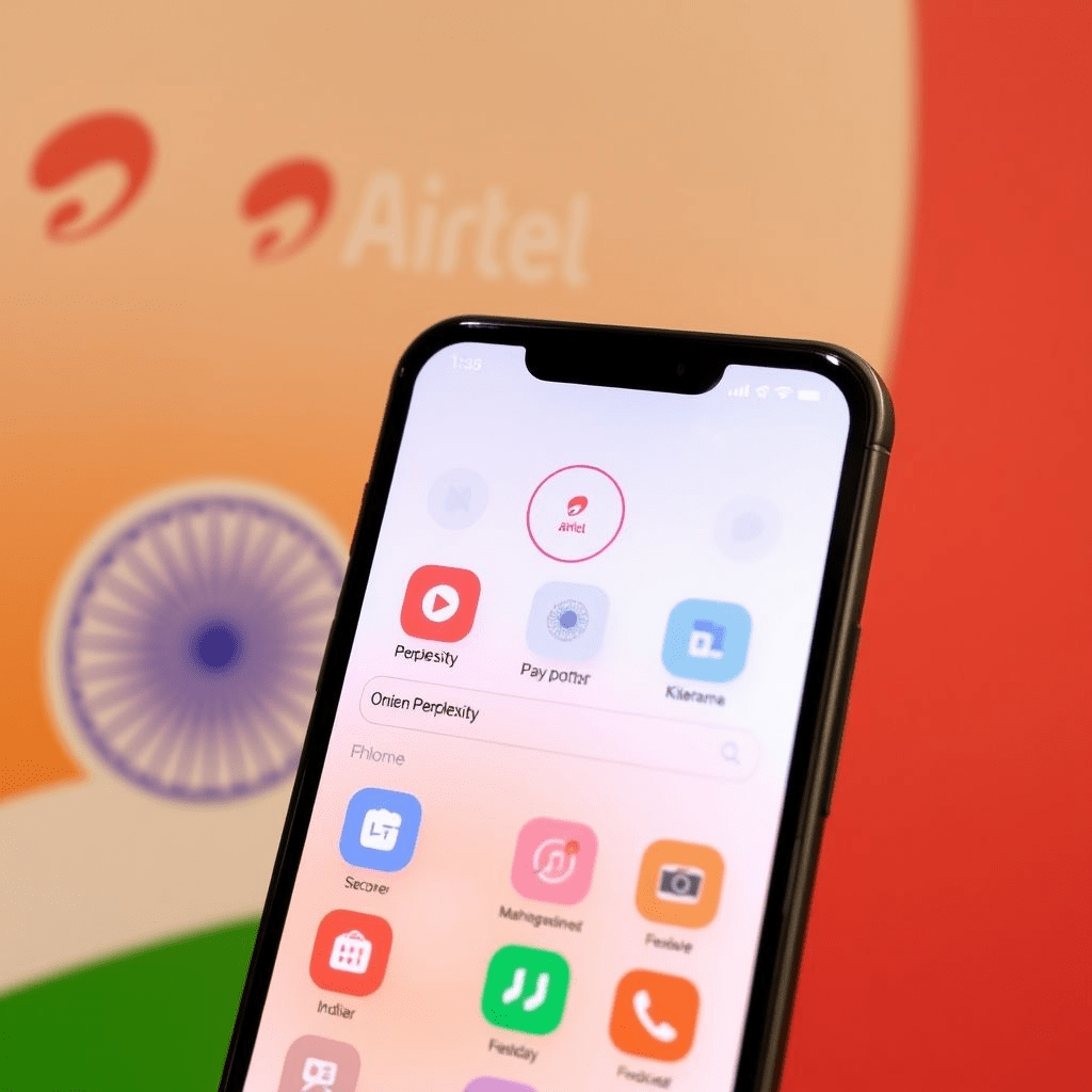 Perplexity AI Pro India screen on an Airtel phone against telecom icons