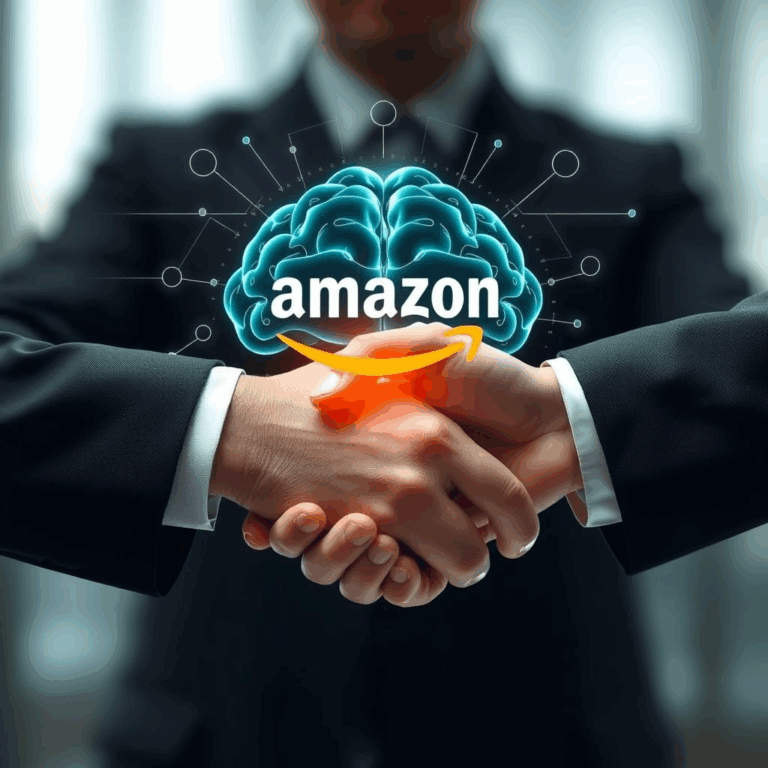 Amazon Anthropic investment handshake with AI brain overlay