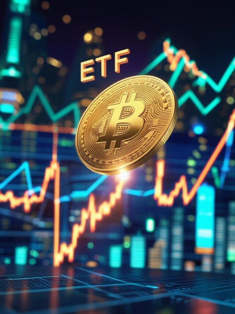 Bitcoin ETF inflows boost price past $67K, digital coin rising in a financial chart.