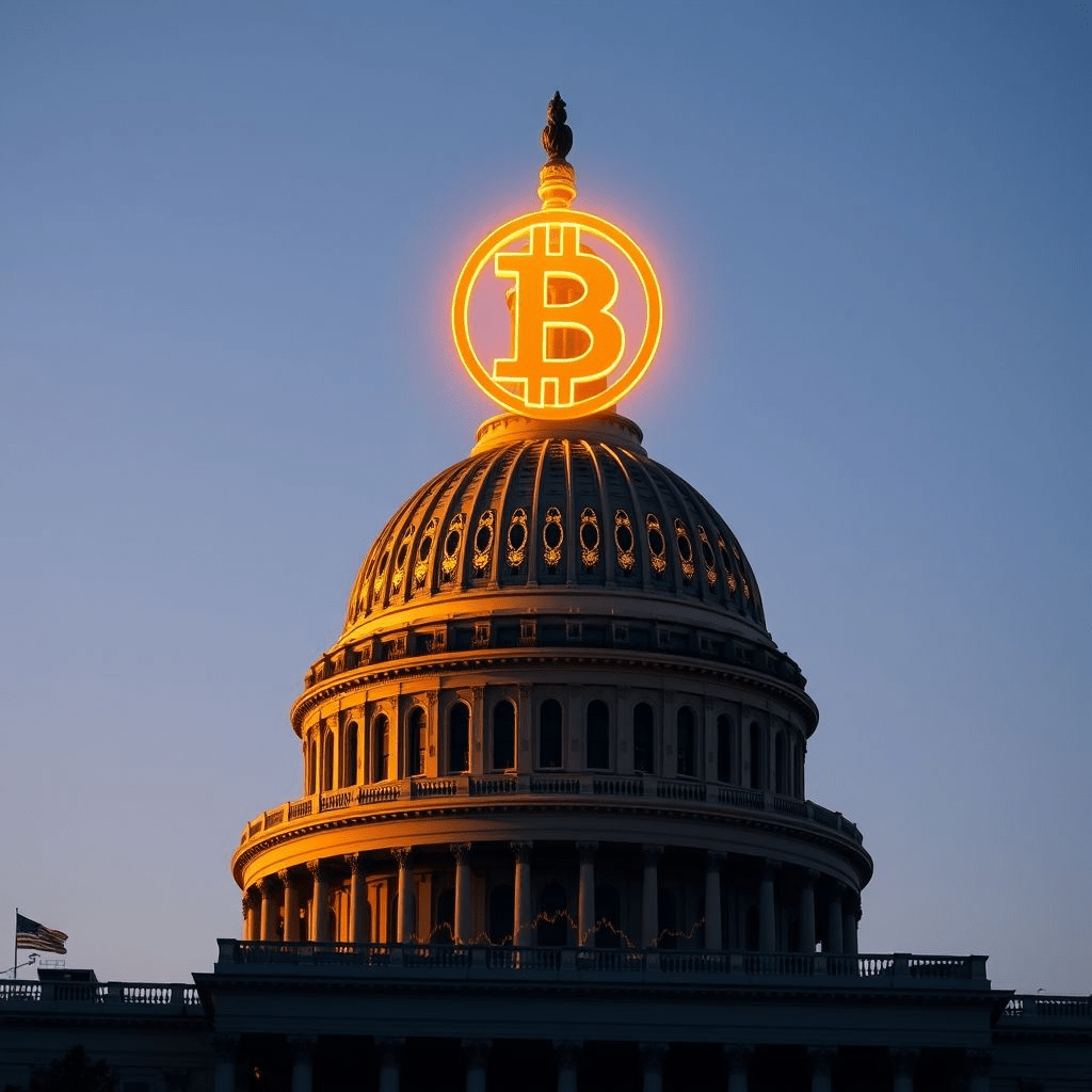 Bitcoin icon rising above U.S. Capitol during Crypto Week rally.
