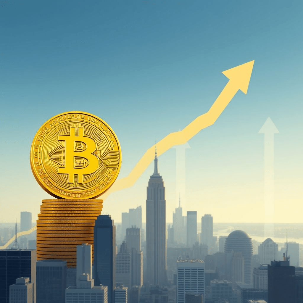 Bitcoin record high golden coin over skyline with arrows