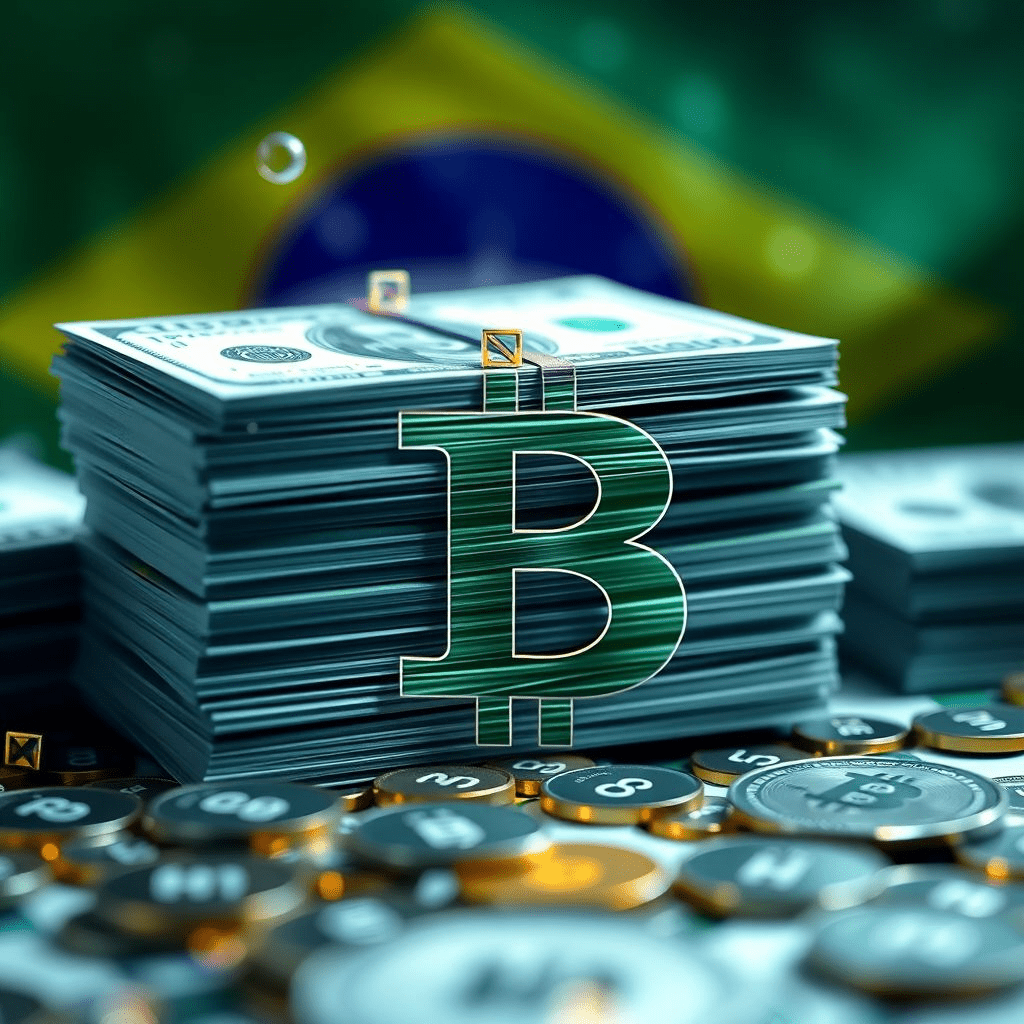 Cash turning into blockchain tokens with Brazilian flag—Brazil crypto laundering visual