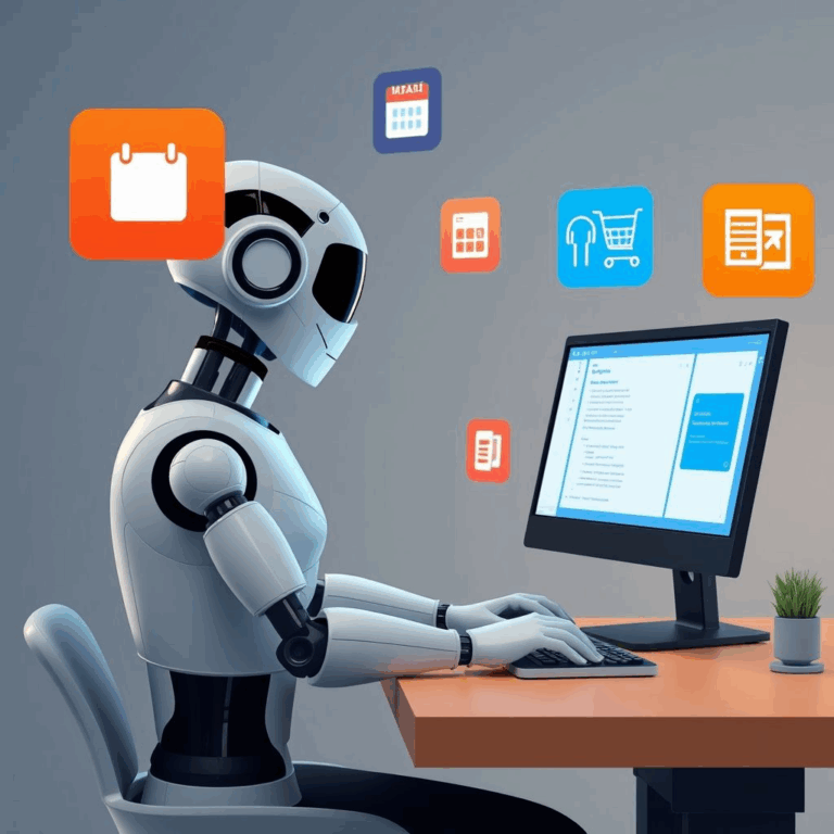 ChatGPT Agent automating tasks on a virtual desk with code, calendar, shopping cart, and slides icons.