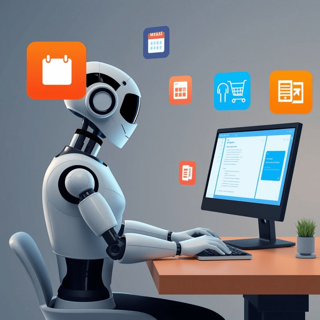 ChatGPT Agent automating tasks on a virtual desk with code, calendar, shopping cart, and slides icons.