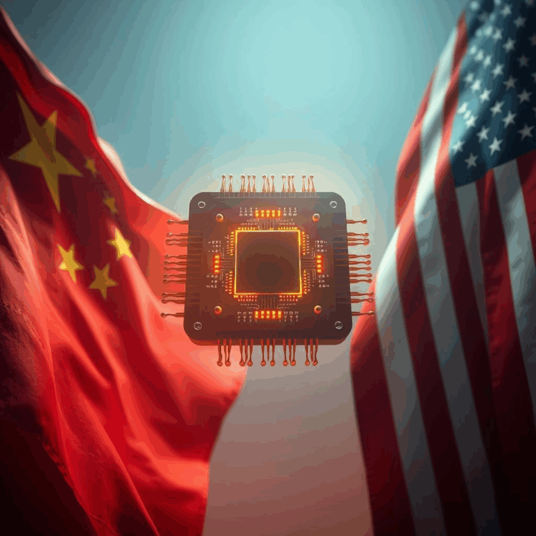China AI chip depicted between Chinese and US flags, symbolizing tech tensions.
