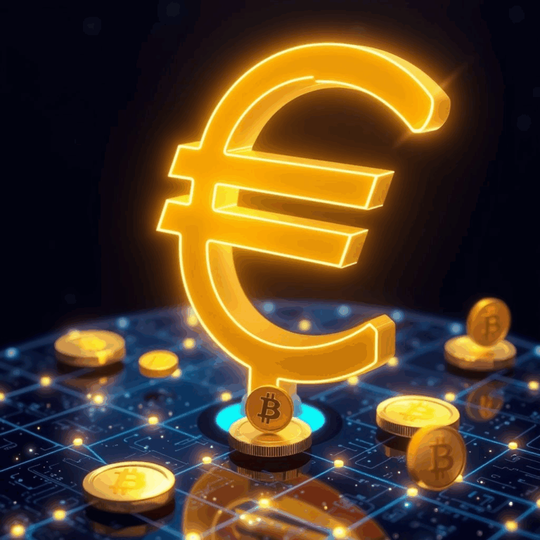 Euro backed stablecoin Solana — glowing euro symbol above Solana blockchain