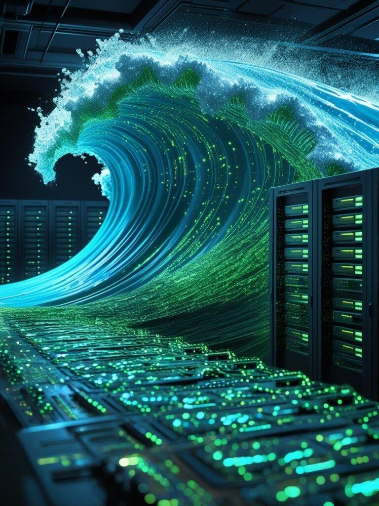 Massive digital wave over server stacks representing Cloudflare 7.3 Tbps DDoS mitigation.