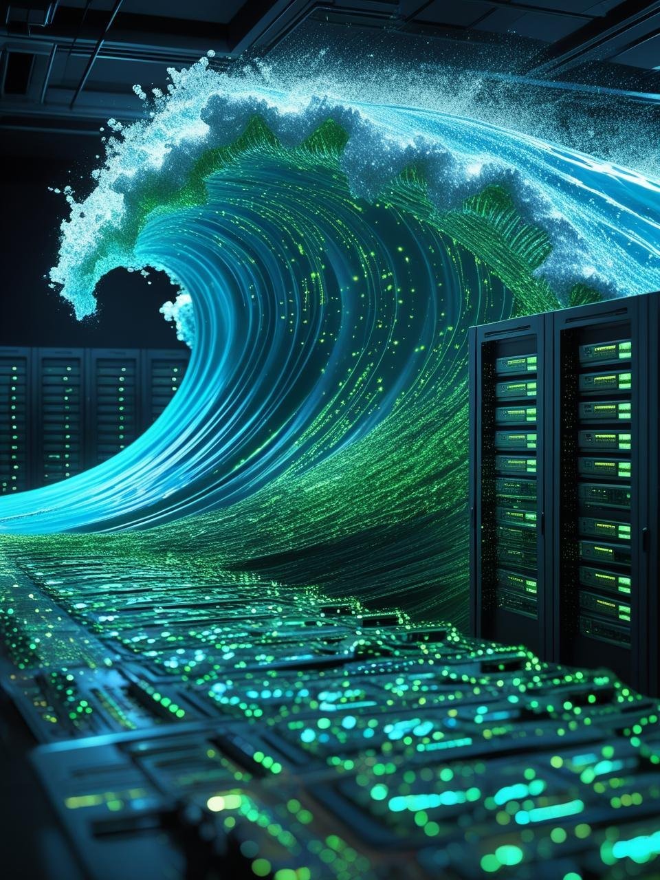 Massive digital wave over server stacks representing Cloudflare 7.3 Tbps DDoS mitigation.