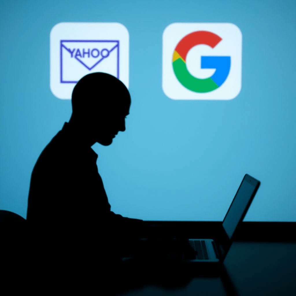 Teen indicted in crypto heist guilty plea shown at a laptop with Yahoo and Google logos