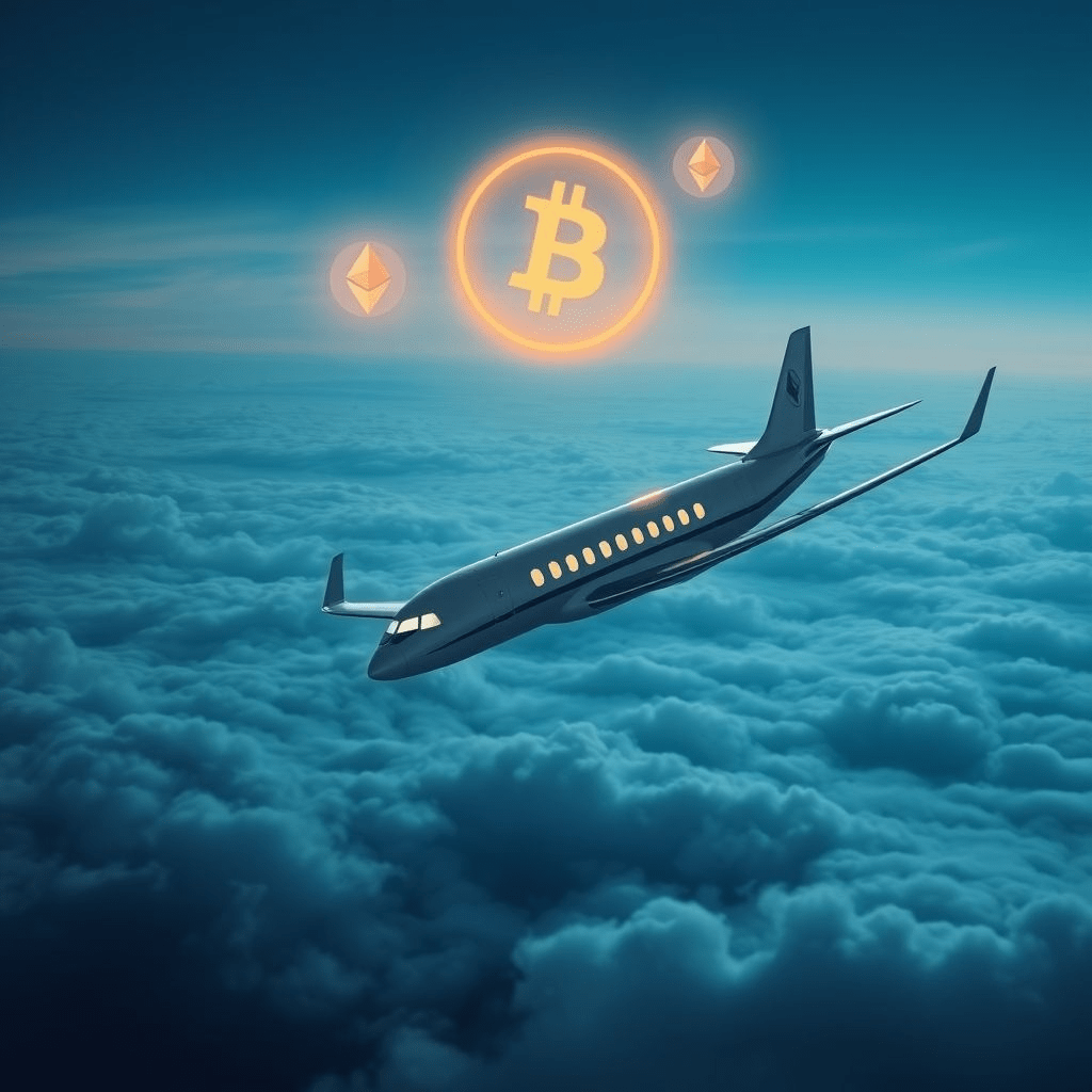 Emirates crypto payments partnership symbolized by airplane and crypto icons