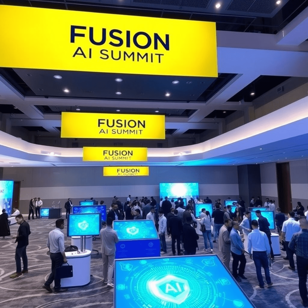 Fusion AI Summit India conference hall with AI technology booths and attendees