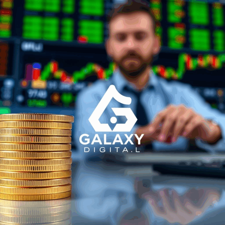Galaxy Digital Bitcoin sale large block trade illustration with Bitcoin tokens and trading desk