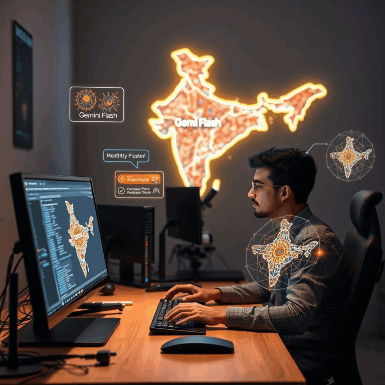 Gemini Flash AI India model visualizations behind a developer in India