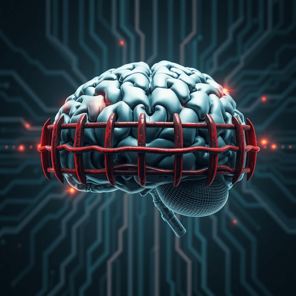 Digital brain with firewall cracks representing Grok‑4 jailbreak vulnerability.