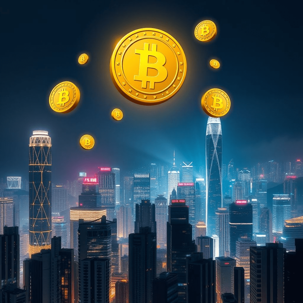 Hong Kong stablecoin licence visual showing skyline and digital coins