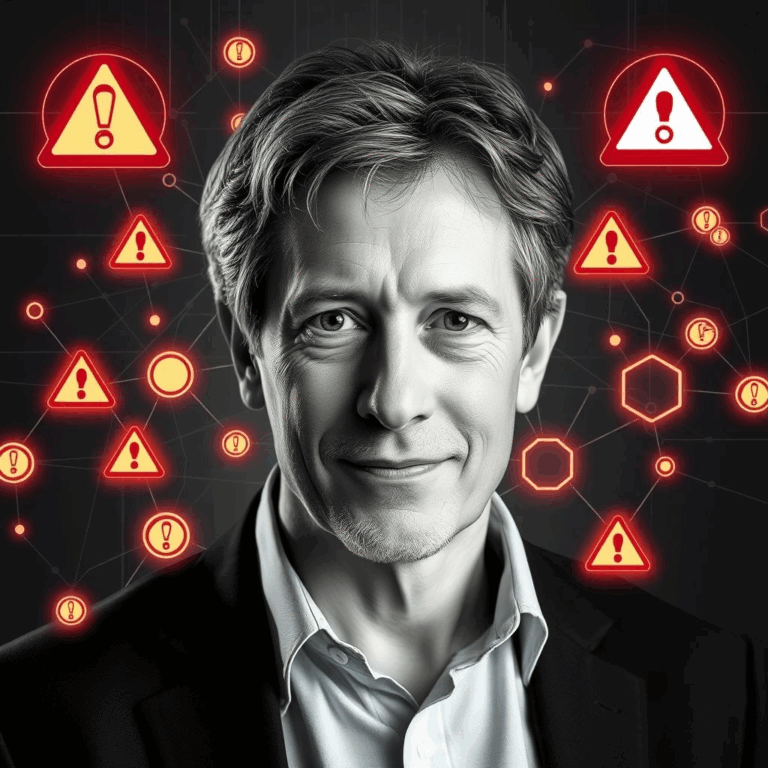 Hinton AI risk warning image featuring Hinton portrait and warning icons over AI circuitry