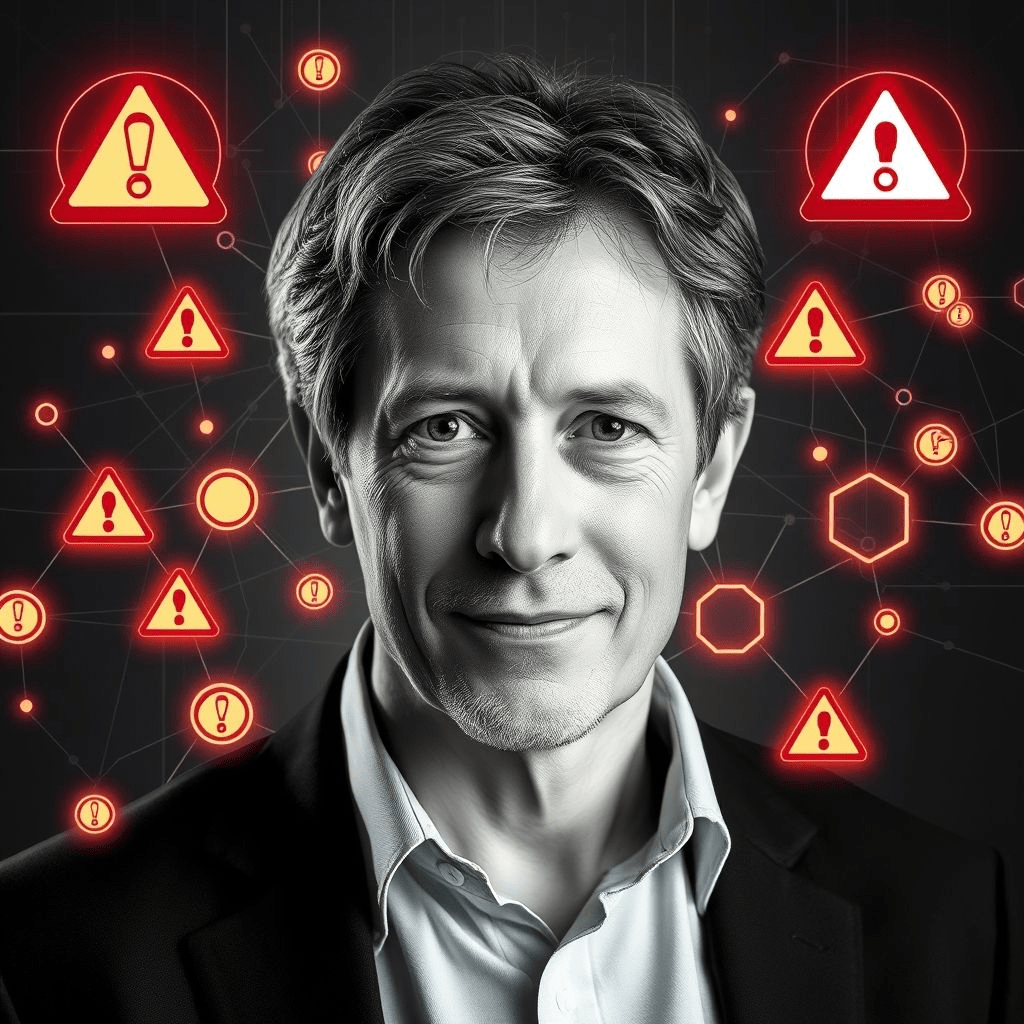 Hinton AI risk warning image featuring Hinton portrait and warning icons over AI circuitry