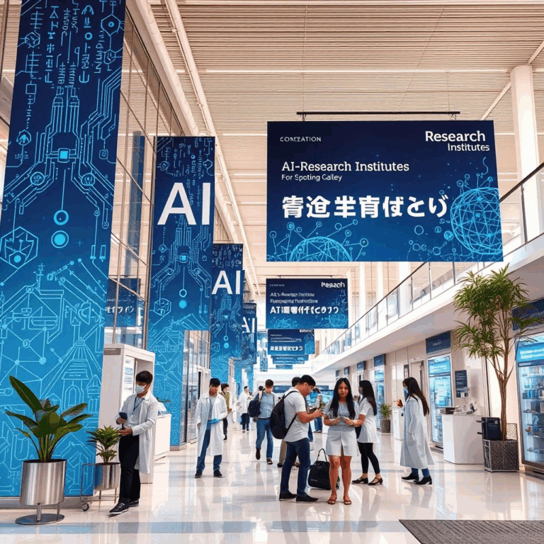 AI research institutes campus with researchers working and banners saying “AI research institutes”