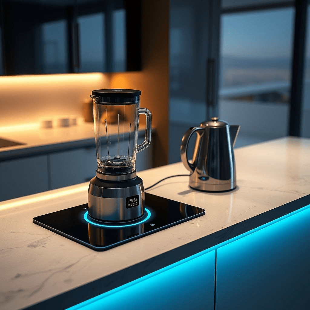 “Sleek kitchen countertop using Ki wireless charging to power appliances”
