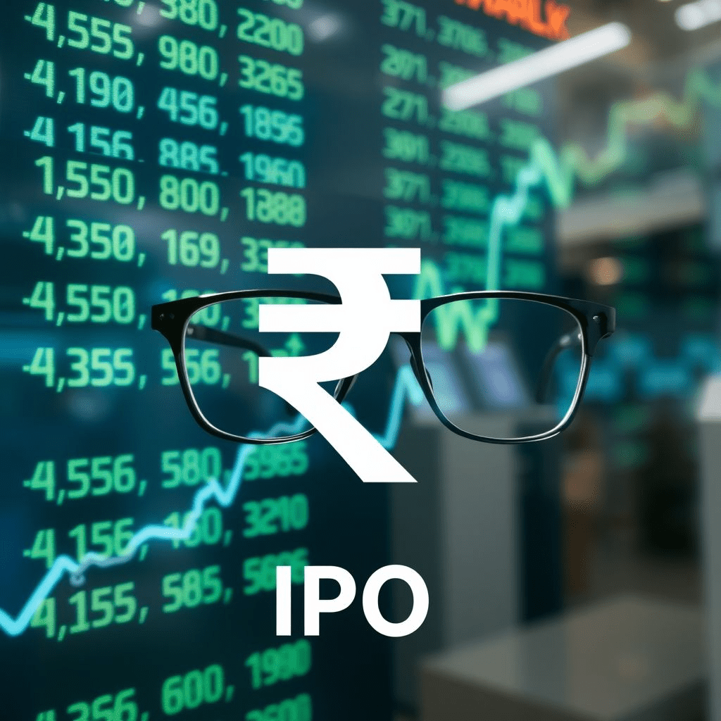 Lenskart IPO image with eyewear and stock ticker.