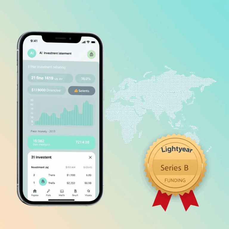 Lightyear Series B funding announcement with AI investing dashboard and global expansion map.