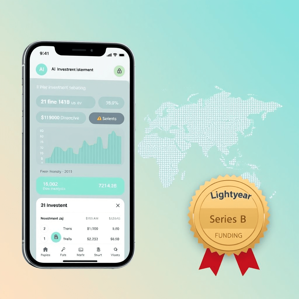 Lightyear Series B funding announcement with AI investing dashboard and global expansion map.