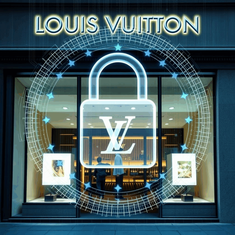 A Louis Vuitton storefront with a digital lock overlay highlighting the Louis Vuitton cyberattack.