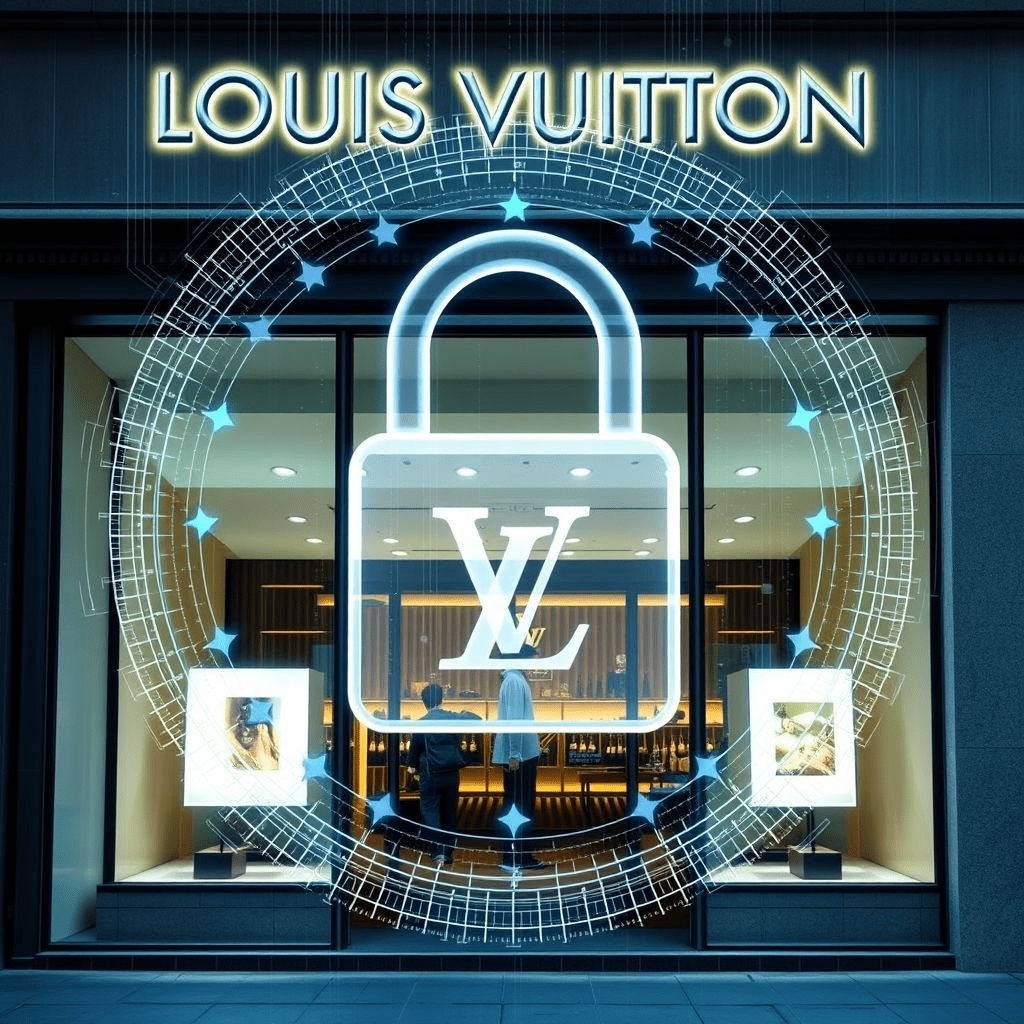 A Louis Vuitton storefront with a digital lock overlay highlighting the Louis Vuitton cyberattack.